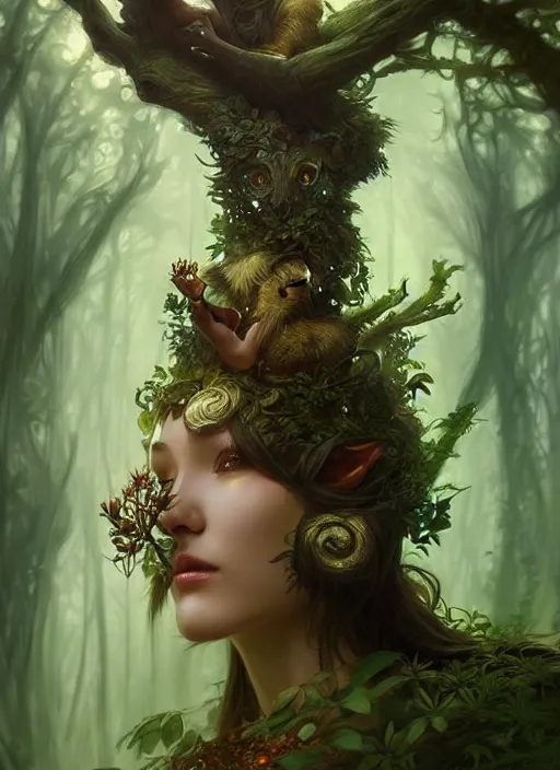 Image similar to a cute forest elemental, with fingers, fantasy, intricate, elegant, highly detailed, digital painting, artstation, concept art, wallpaper, smooth, sharp focus, illustration, art by artgerm and greg rutkowski and alphonse mucha