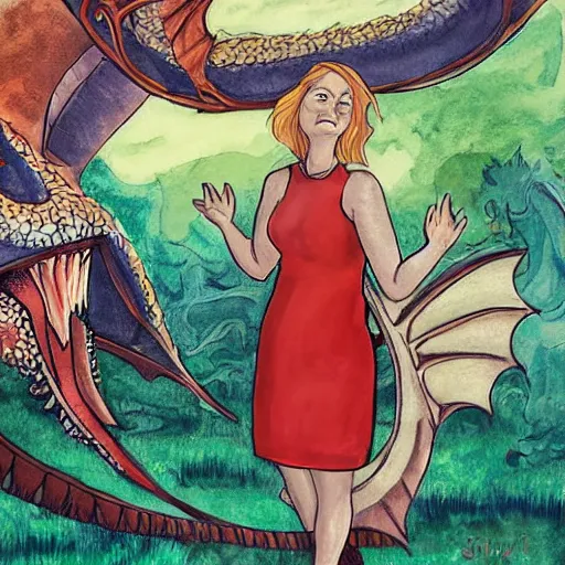 Prompt: a woman is standing next to a large dragon, art by steve ferris