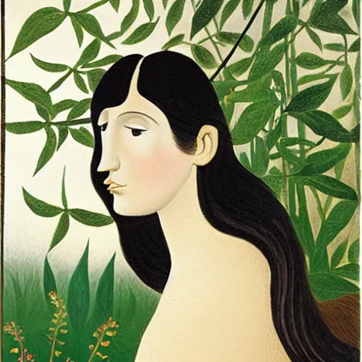 Prompt: a girl reading a book, her hair flowing down, by henri rousseau, pale color scheme