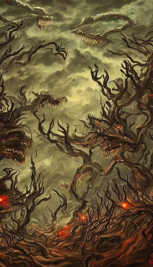 Prompt: a storm vortex made of many demonic eyes and teeth over a forest, by qian xuan