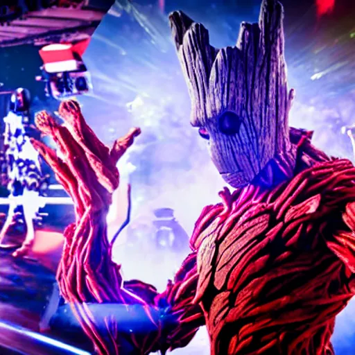 Image similar to groot and optimus prime dancing at techno party among people, wide shoot, after effect, ultra realistic