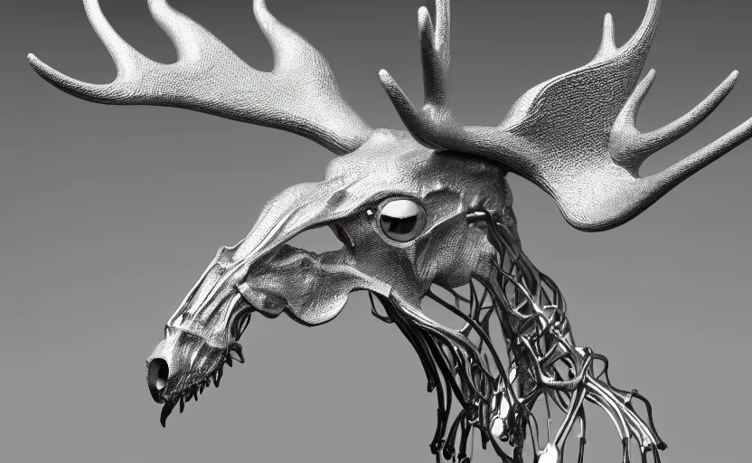 Image similar to stylized shiny polished silver statue full body extra limbs bizarre cosmic horror quadruped animal moose deer skull four legs made of marble of slug creature tendrils, perfect symmetrical body, perfect symmetrical face, hyper realistic, hyper detailed, by johannen voss, by michelangelo, octane render, blender, 8 k, displayed in pure white studio room austere