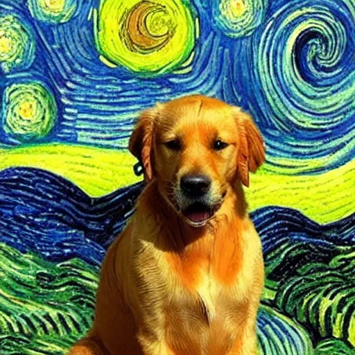 Prompt: golden retriever playing in vincent van gogh's starry night