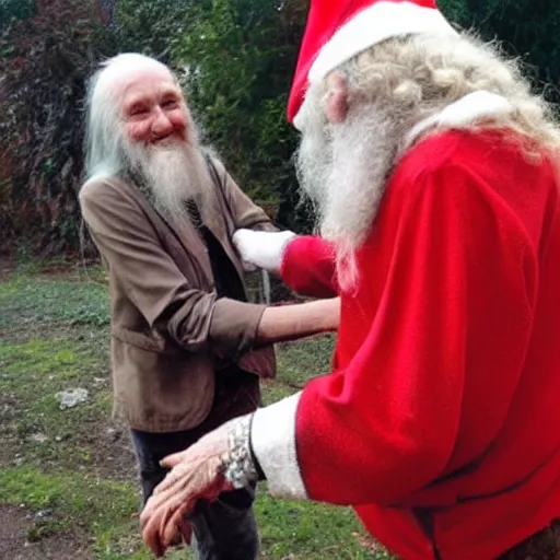 Image similar to daevid allen shaking hands with a real - life gnome