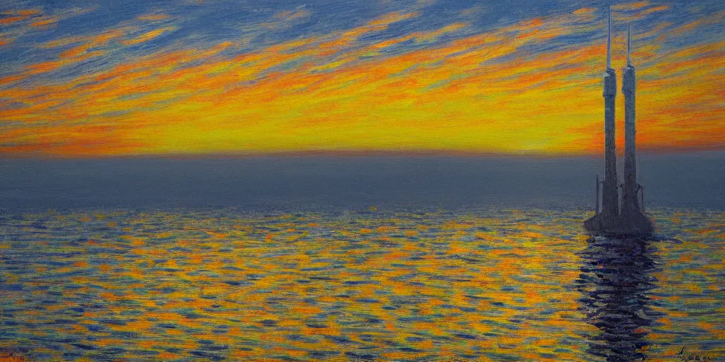 Image similar to Landing of a Falcon 9 booster in the style of Monet, sunset, landing legs deployed, SpaceX