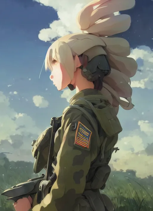 Image similar to portrait of cute soldier girl, cloudy sky background lush landscape illustration concept art anime key visual trending pixiv fanbox by wlop and greg rutkowski and makoto shinkai and studio ghibli and kyoto animation soldier clothing military gear realistic anatomy