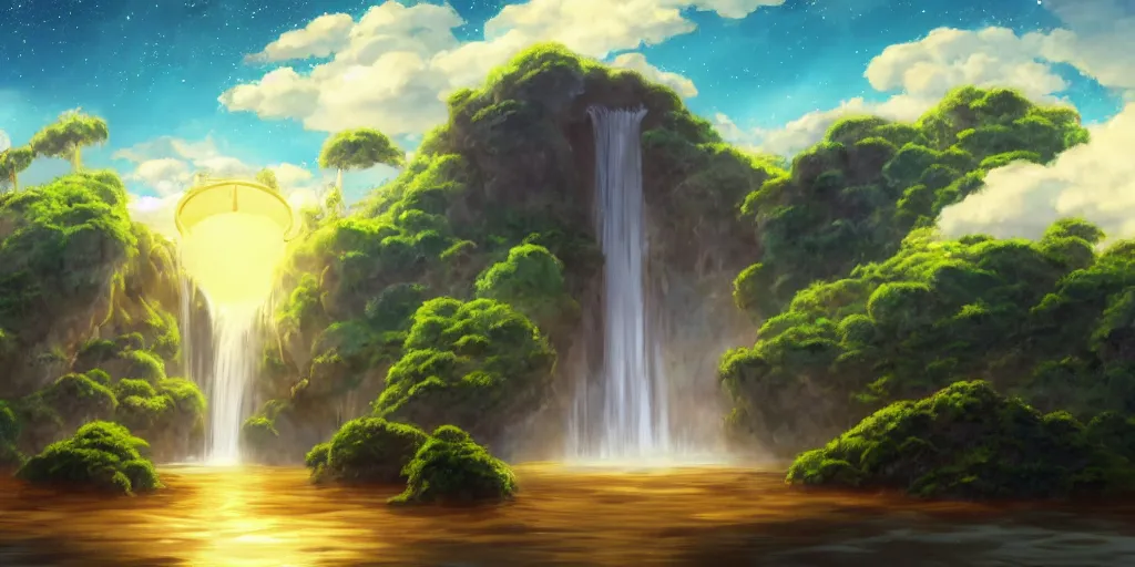 Prompt: a cell - shaded studio ghibli concept art study of a waterfall coming out of a golden cube dimensional portal flying over an arizona flooded desert on a misty starry night. a waterfall is flowing out of the portal. very dull colors, hd, 4 k, hq