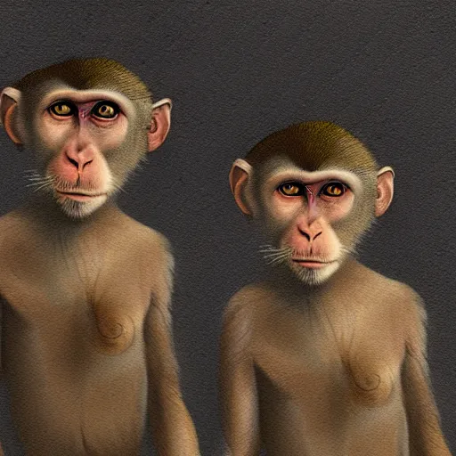 Image similar to two macaques looking at each other inside ancient cave, digital art, soft shadows, creepy art, drawn by shadman