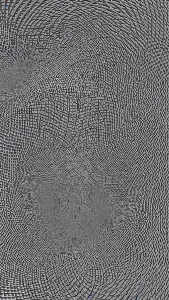 Image similar to 3d fractal wallpaper by Escher, geometrical figures, math, 3d effect, picture through the screen, spirals tubes roots, completely filled space, psychedelic!!, 3d fractal background, digital art, high details, depth of field, hard lighting!, trending on artstation, deviantart, octane render, HD, (((Low light))), 8k, eric zener, zdzisław beksiński, dark background