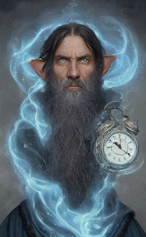 Image similar to portrait of a middle - aged elf with a long beard, dressed in a blue cloak, brown - grey hair, raised hand, clock iconography, detailed face, fantasy, highly detailed, cinematic lighting, digital art painting by greg rutkowski