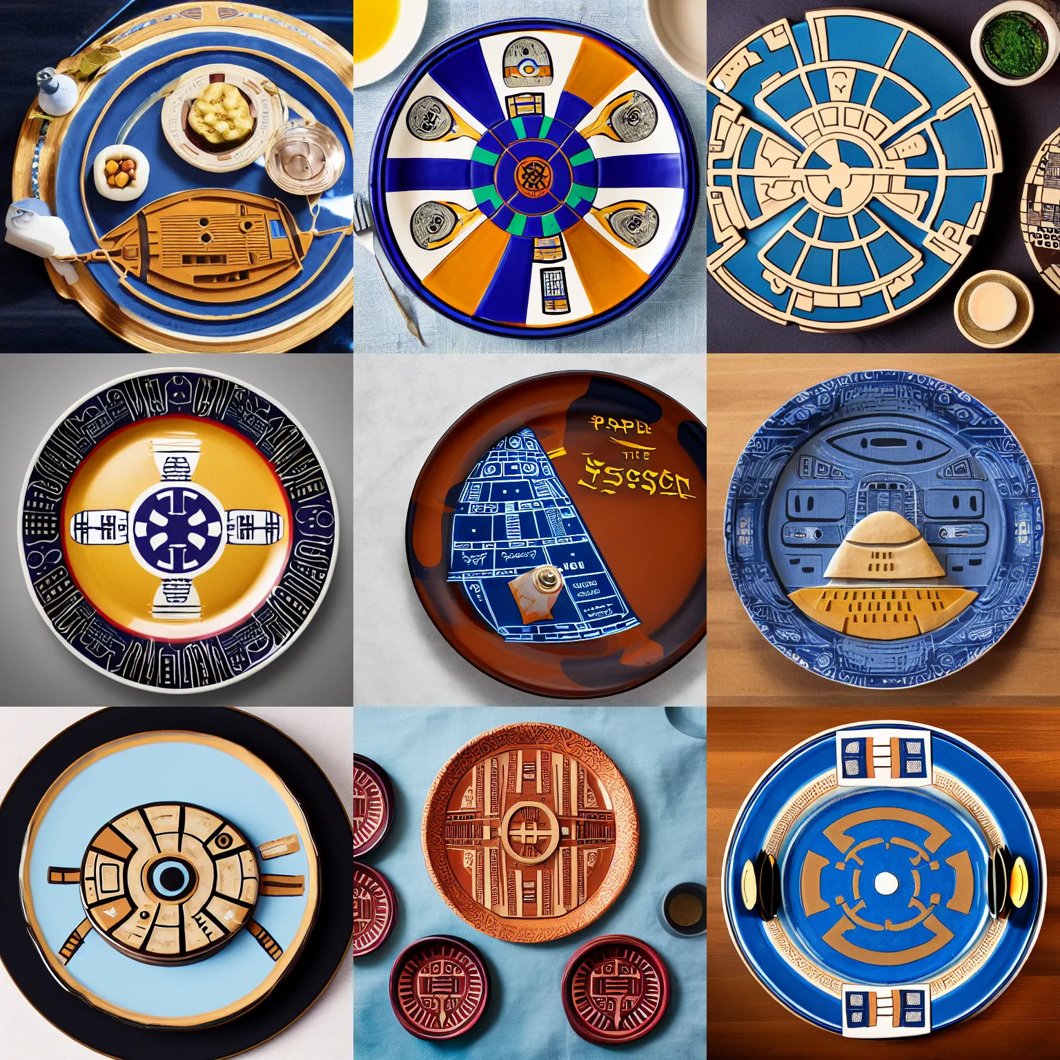 Prompt: Passover Seder plate themed to the Millennium Falcon, product photography