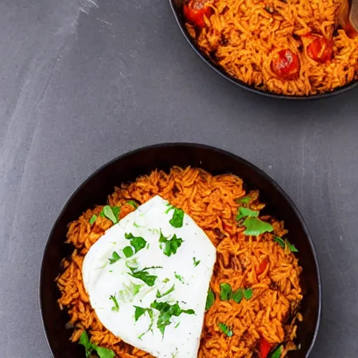 Prompt: jollof rice with haloumi cheese on the side