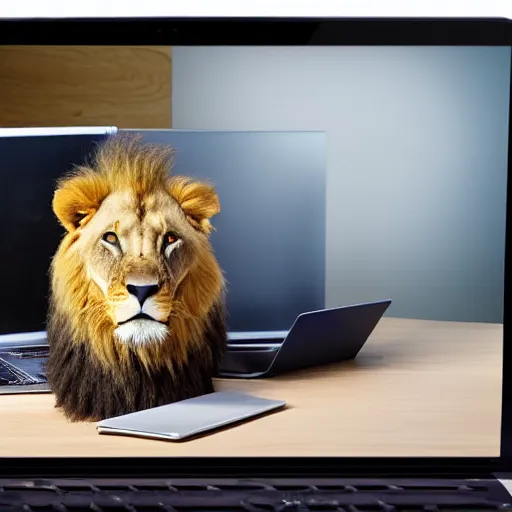 Image similar to Photograph of a lion in a hoodie hacking on a laptop