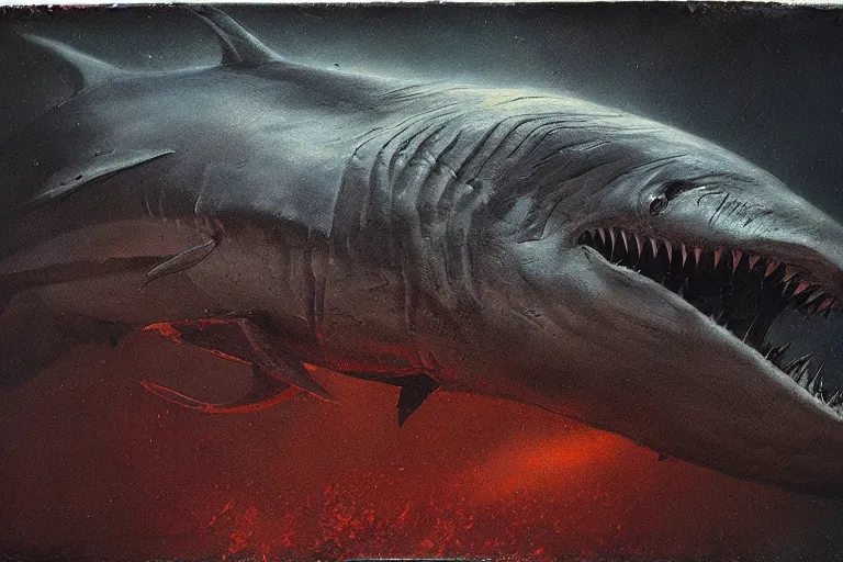 Prompt: giant shark cursed by the bite, painted by bob eggleton and lee brown coye and don maitz and michel granger, trending on artstation, dark atmospheric lighting rear view sacred geometry, tintype, portrait, positivism, tachisme