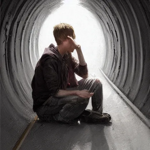 Image similar to epic masterpiece of cinematographic hyperrealism where a worried teenager with depression appears in a tunnel. realistic shaded lighting poster by craig mallismo, artgerm, jeremy lipkin and michael garmash, unreal engine, radiant light, detailed and intricate environment, digital art, art station trends