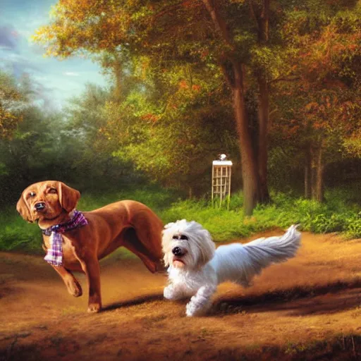 Image similar to a whimsical illustration of a dog park, by Peter Mohrbach and Mark Keathley