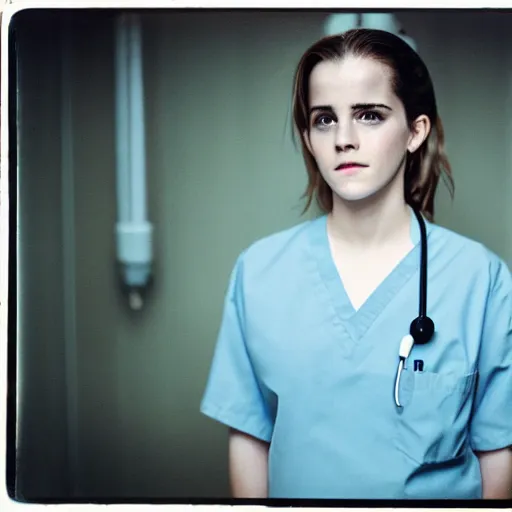 Image similar to emma watson, nurse scrubs, hospital, overwhelmed, award winning, kodak ektachrome expired blue tint,