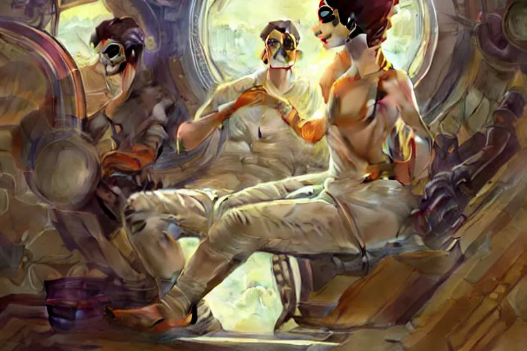 Image similar to Sensuous good looking pale young Indian doctors wearing jeans in a space station above Earth, portrait, elegant, intricate, digital painting, artstation, concept art, smooth, sharp focus, illustration, art by artgerm and greg rutkowski and alphonse mucha