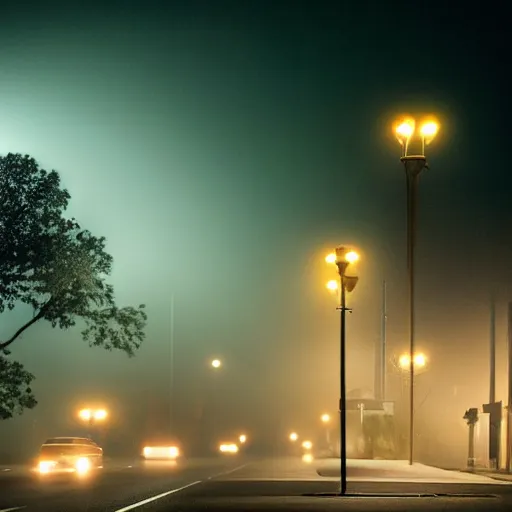 Image similar to A stunningly beautiful award-winning 8K high angle close up cinematic movie photograph of a spooky foggy empty lightless moonlit main intersection in an abandoned 1950s small town at night, by David Fincher and Darius Khonji. perfect composition, shot from roofline, moody low key backlit. Color palette from Seven, greens yellows and reds. 2 point perspective, high angle from 15 feet off the ground. Octane render