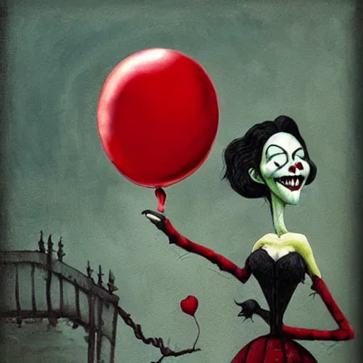 Image similar to grunge painting of the rake with a wide smile and a red balloon by chris leib, loony toons style, pennywise style, corpse bride style, horror theme, detailed, elegant, intricate