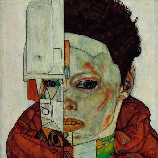 Prompt: a beautiful portrait of a space bounty hunter by Egon Schiele, trending on Artstation