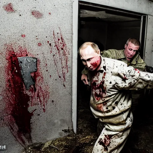 Image similar to putin with a chainsaw and a corpse. in a concrete bunker. focus on putins face with blood splatters. canon eos r 3, f / 1. 4, iso 1 6 0 0, 1 / 8 0 s, 8 k, raw, grainy