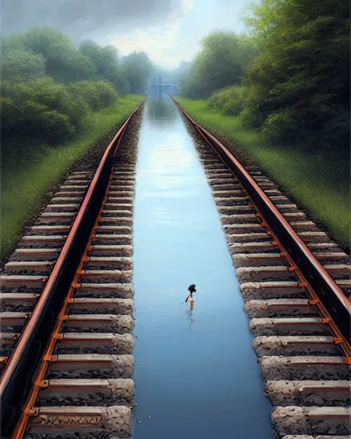 Image similar to shallow reflective water completely covers submerged train tracks as a girl walks along carrying her shoes, there is a train station in the distance, large white clouds on a wide horizon, intricate, elegant, highly detailed, digital painting, artstation, concept art, smooth, sharp focus, illustration, art by artgerm and greg rutkowski and fra angelico