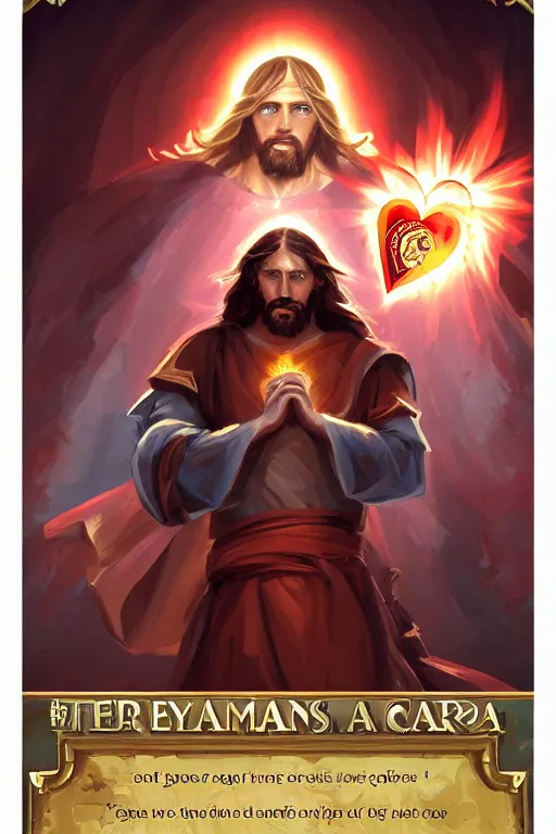 Prompt: A card with description and status of Jesus Christ as a DOTA 2 character holding a Sacred Heart armor, card game, card, trade card game, Artifact Dota2, by Stanley Artgerm Lau, WLOP, Rossdraws, James Jean, Andrei Riabovitchev, Marc Simonetti, Yoshitaka Amano, ArtStation, CGSociety,