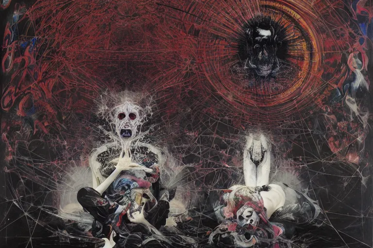 Image similar to The physical impossibility of death, in a brutalist architecture space ship, gothic, rich deep colours, creepy, diabolical, dark, mystical, intrincate, maximalism, painted by Francis bacon, Adrian ghenie, James jean and Petra cortright part by Gerhard Richter, part by Takato Yamamoto. 8k masterpiece