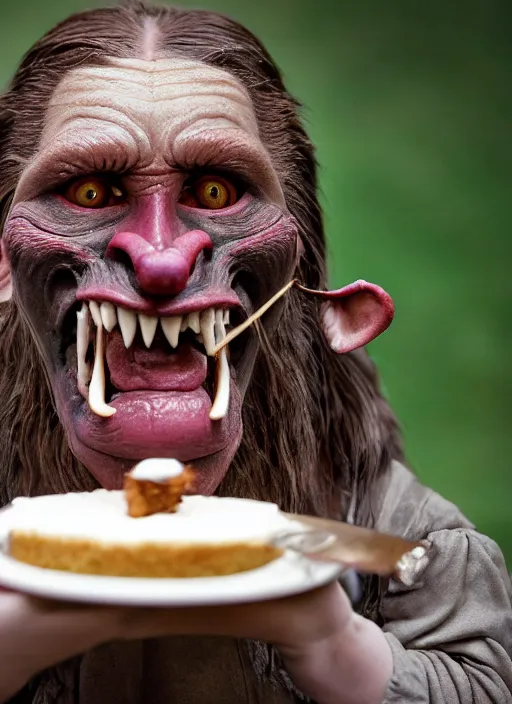 Image similar to closeup portrait of a medieval goblin eating cakes in the cloisters, depth of field, zeiss lens, detailed, symmetrical, centered, fashion photoshoot, by Annie Leibovitz and Steve McCurry, David Lazar, Jimmy Nelsson, Breathtaking, 8k resolution, extremely detailed, beautiful, establishing shot, artistic, hyperrealistic, beautiful face, octane render