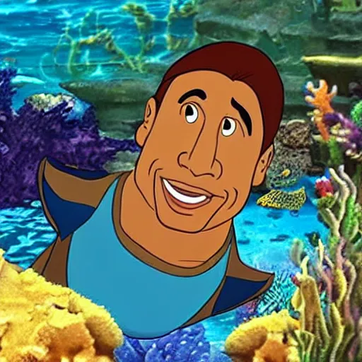 Prompt: dwayne johnson as a cartoon under the sea in the little mermaid