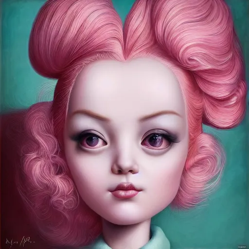 Image similar to a portrait of a beautiful woman with pink hair by mark ryden insanely quality, elegant, highly detailed, digital painting, artstation, concept art, pop, smooth, sharp focus, illustration, art by mark ryden and lisa frank 3 d 8 k ultra detailed