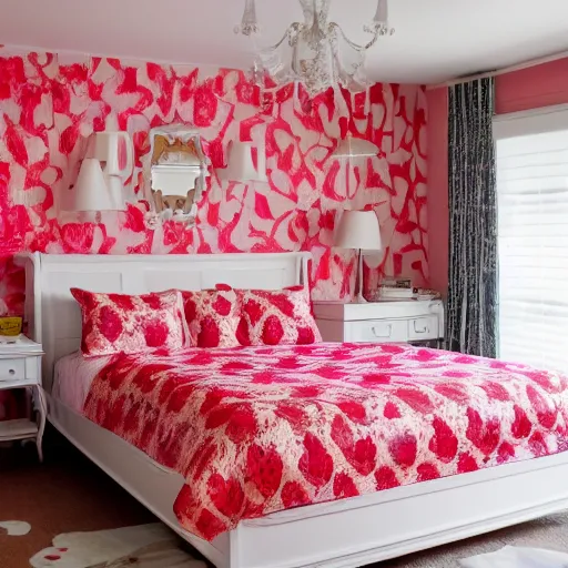 Prompt: deisgner photography of bedroom themed to strawberry motif. bed has strawberry blankets. wall has strawberry pattern. furniture has strawberry motif. furniture is shaped like strawberries. carpet has strawberry motif. lighting has strawberry shapes.