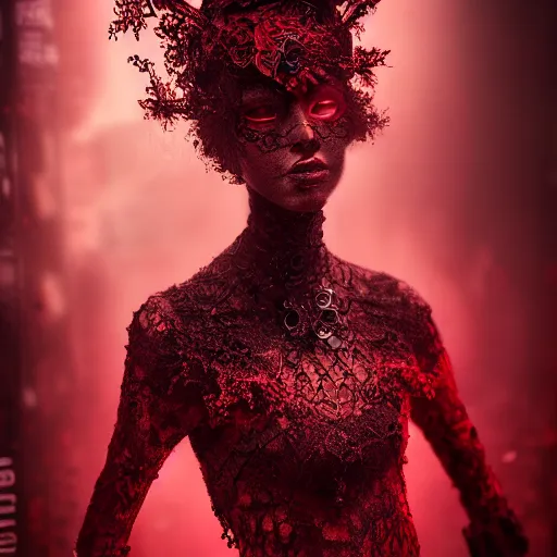 Image similar to a female model by stefan geselle and nekro borja, photorealistic, cyberpunk, intricate details, hyper realistic, red lace headpiece, dark beauty, photorealistic, canon r 3, photography, wide shot, photography, dark beauty, symmetrical features