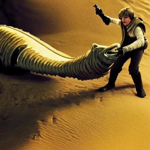 Image similar to luke skywalker riding a sandworm