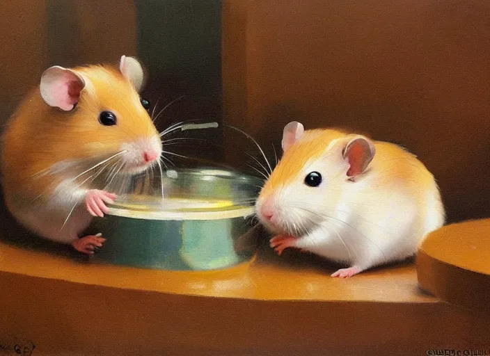 Prompt: a highly detailed beautiful portrait of a cute hamster drinking beer, by gregory manchess, james gurney, james jean