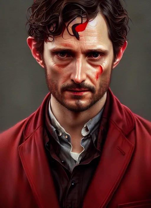 Image similar to ultra realistic illustration, handsome will graham. dark red, blood, intricate, highly detailed, digital painting, artstation, concept art, smooth, sharp focus, illustration, art by artgerm and greg rutkowski and alphonse mucha and wlop