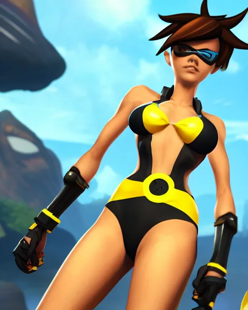 Image similar to tracer game character, in yellow bikini, blonde hair, black eyes, full height
