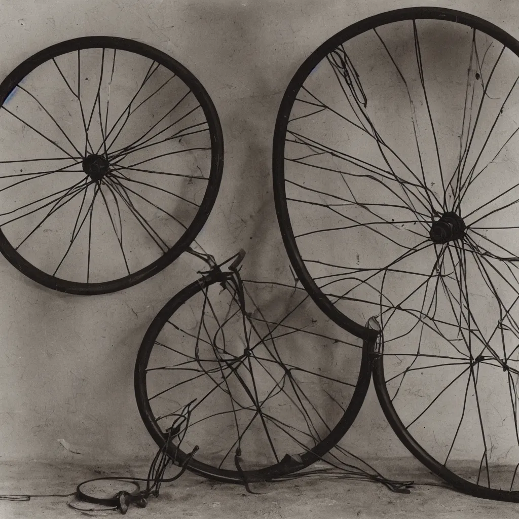 Prompt: kodachrome photograph of a bicycle wheel attached to a stool