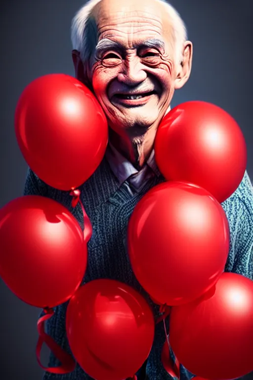 Prompt: portrait of smiling old man with red balloons, intricate and very beautiful and elegant, highly detailed, digital painting, artstation, concept art, smooth and sharp focus, beautiful render, art by tian zi and alphonse mucha and wlop