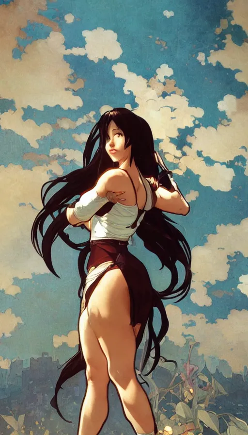 Image similar to tifa lockhart in a cute pinup pose by artgerm, greg rutkowski and alphonse mucha, concept art, matte, intricate, full body, epic composition