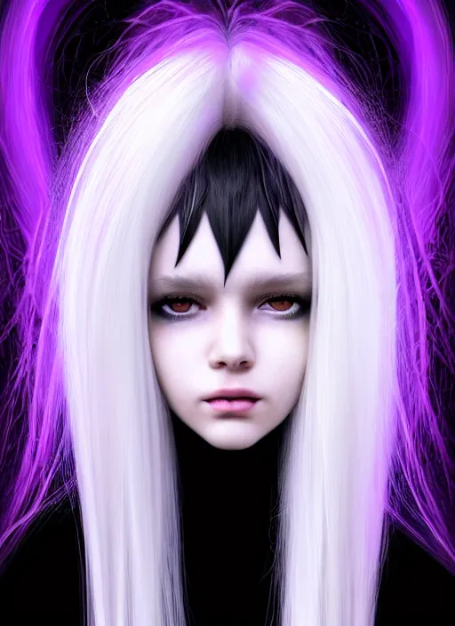 Image similar to hair whitebangs hair, black cyberlox, portrait of teenage girl with white bangs, whitebangsblackhair, messy bangs, cyberlox, whitebangs, red irises, purple clothes, intricate, elegant, glowing lights, highly detailed, digital painting, artstation, concept art, sharp focus, illustration, art by wlop, mars ravelo and greg rutkowski