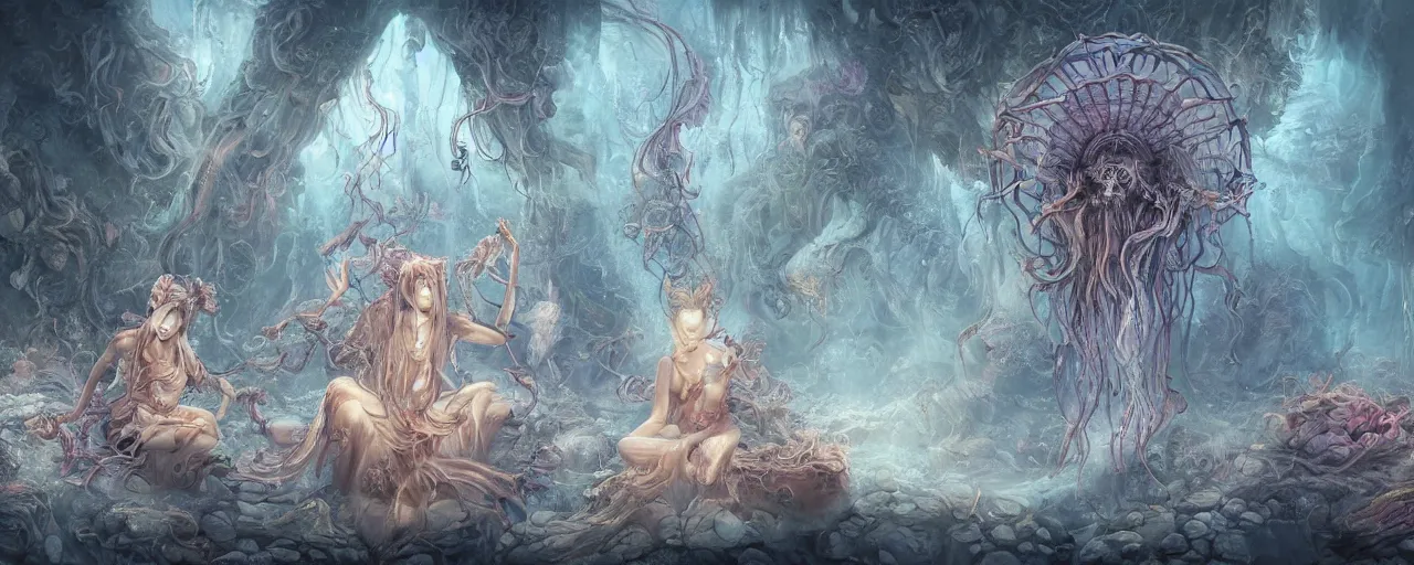 Prompt: A painting of priestesses worshipping at the jellyfish temple, shrouded in mist, jellyfish god, 8K, illustration, by Justin Cheung and ArtGerm and Stéphane Roux, smoke, cinematic, insanely detailed and intricate, hypermaximalist, elegant, super detailed, award-winning, chartreuse and cyan, mysterious, ancient, ritual, ethereal, trending in cgsociety, artstation HQ, ornate, elite, haunting, matte painting, beautiful detailed, insanely intricate details, artstation trending