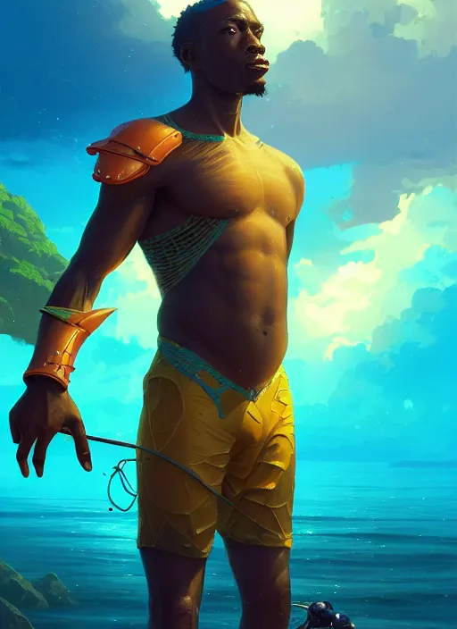 Image similar to portrait of a male jamaican fisherman sci - fi glowing fishing armor muscular caribbean intricate elegant highly detailed digital painting artstation concept art, ocean background, jamaican colors, cinematic, greg rutkowski, loish, rhads, ferdinand knab, makoto shinkai and lois van baarle, ilya kuvshinov, rossdraws, tom bagshaw