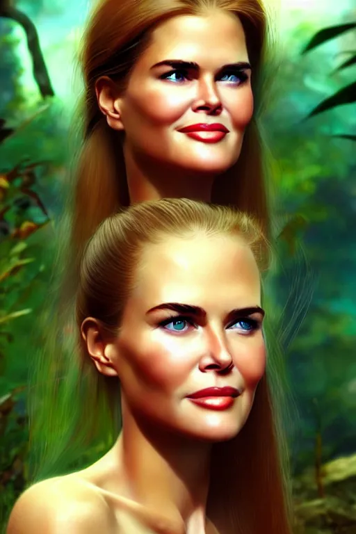 Image similar to mix of beautiful young maria shriver, mariel hemmingway, brooke shields, nicole kidman and elle macpherson as a young jungle girl swimming in a rockpool, thin lips, hair tied up in a pony tail, dark blonde hair, colorful, artstation, cgsociety