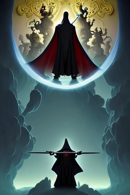Prompt: video game cover, disney cute grim reaper dressed with a cape surrounded by demons, intricate baroque style. by martin johnson head, by david caspar friedrich, by mike mignola, by goro fujita, by octavio ocampo, masterpiece. intricate artwork, symmetrical artwork, cinematic, pixar studio, smooth gradients, full body character.