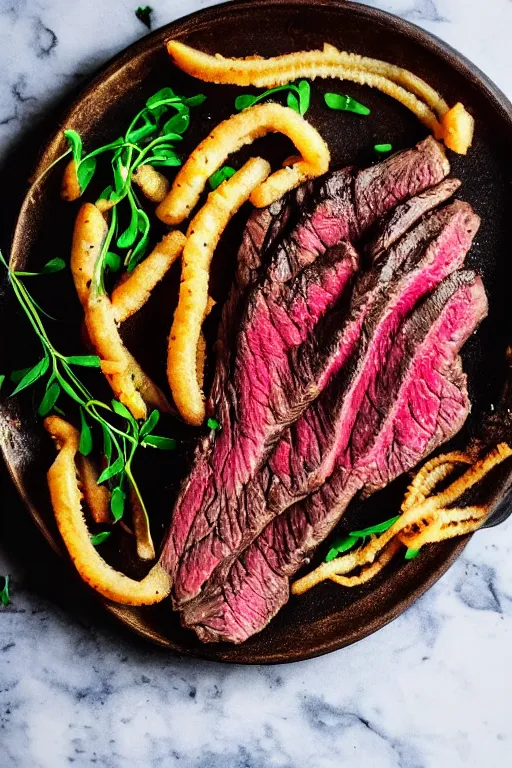 Image similar to Flat lay of a beautifully cooked steak with curly fries. Photography. Food. Picture. Instagram. Foodie. 50mm.