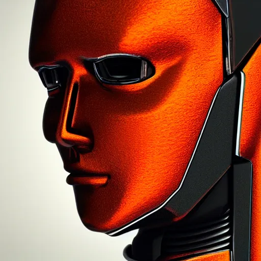 Image similar to photorealistic portrait humanoid metallic black robot, orange accents