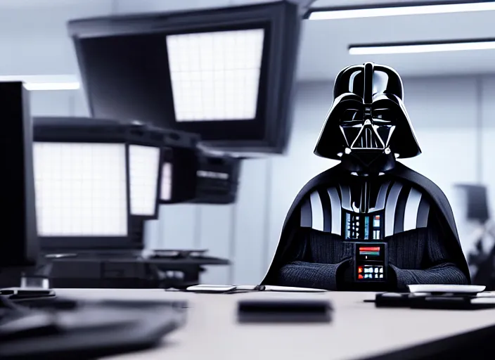 Prompt: film still of Darth Vader working in and office at a computer bored in the new Star Wars movie, 4k