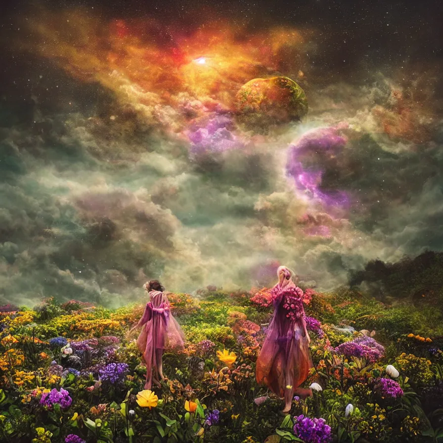 Image similar to a planet of various flowers, fungus and plants, in which the human figure is dressed in something magical and impressive, inside the picture is infinity, sunset light, Atmospheric phenomenon, artistic photography, muted colors, conceptual, long exposure outside the city